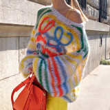 Women's Spring Rainbow Color Block Striped Sweater Loose Knit Pullover Top