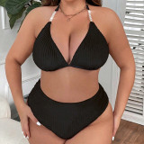 Strappy Halter Neck Plus Size Beach Swimsuit Solid Color High-Waist Sexy Bikini