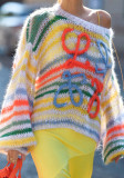 Women's Spring Rainbow Color Block Striped Sweater Loose Knit Pullover Top