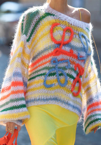 Women's Spring Rainbow Color Block Striped Sweater Loose Knit Pullover Top