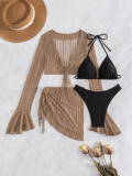 Long Sleeve Beach Cover-Up Sun Protection Women Four-Piece Ruffle Trim Swimsuit Set