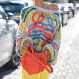 Women's Spring Rainbow Color Block Striped Sweater Loose Knit Pullover Top