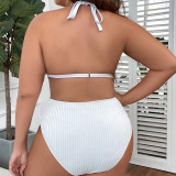 Strappy Halter Neck Plus Size Beach Swimsuit Solid Color High-Waist Sexy Bikini