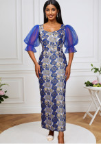 Square Neck Puff Sleeve Fashion Blue-Gold Color Block Slim Formal Party Evening Dresses Square Neck Puff Sleeve Fashion Blue-Gold Color Block Slim Formal Party Evening Dresses