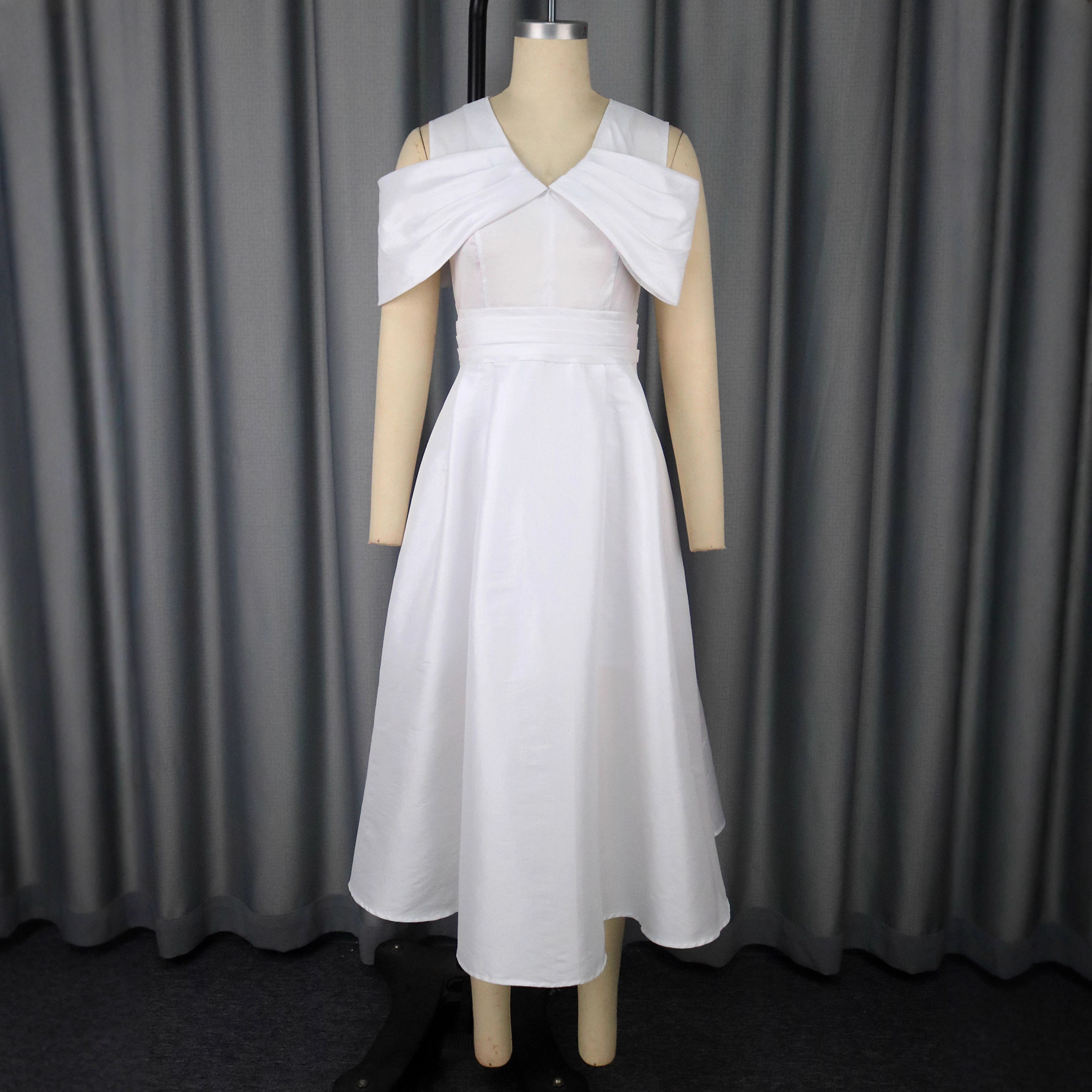 Off-Shoulder Sexy V-Neck Bow White Formal Party Dress Slim Waist Elegant Evening Gown
