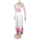 Women Elegant Stretchy Slash Shoulder Top and Wide Leg Pants Two Piece Set
