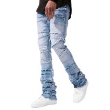 Street Fashion Men's Straight Leg Elastic Patch Denim Pants