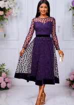 Round Neck Mesh Long Sleeve Dress Velvet Slim Waist A-Line Formal Party Midi Dress Round Neck Mesh Long Sleeve Dress Velvet Slim Waist A-Line Formal Party Midi Dress