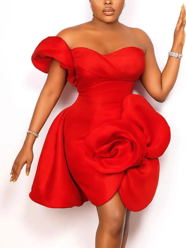 Stylish Sexy Strapless Asymmetric Flower Slim Waist Party Evening Dresses