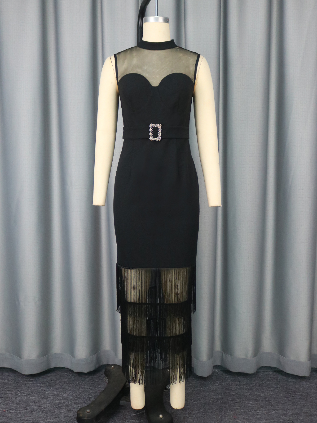 High Neck See-Through Sexy Mesh Patchwork Sleeveless Bodycon Fringe Slim Chic Formal Party Dress