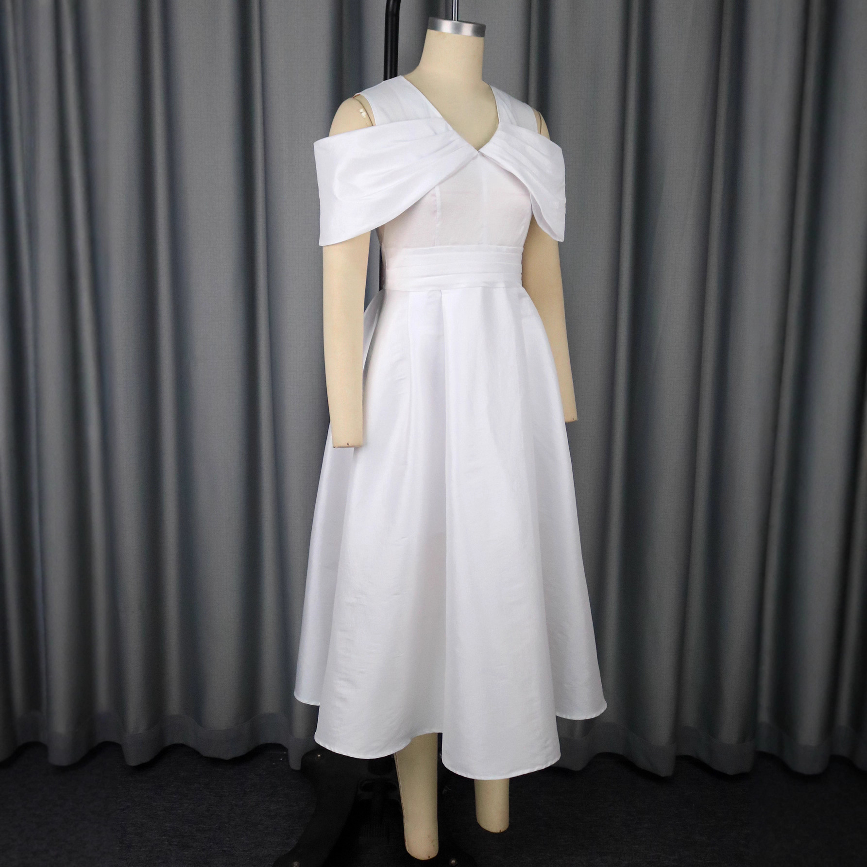 Off-Shoulder Sexy V-Neck Bow White Formal Party Dress Slim Waist Elegant Evening Gown