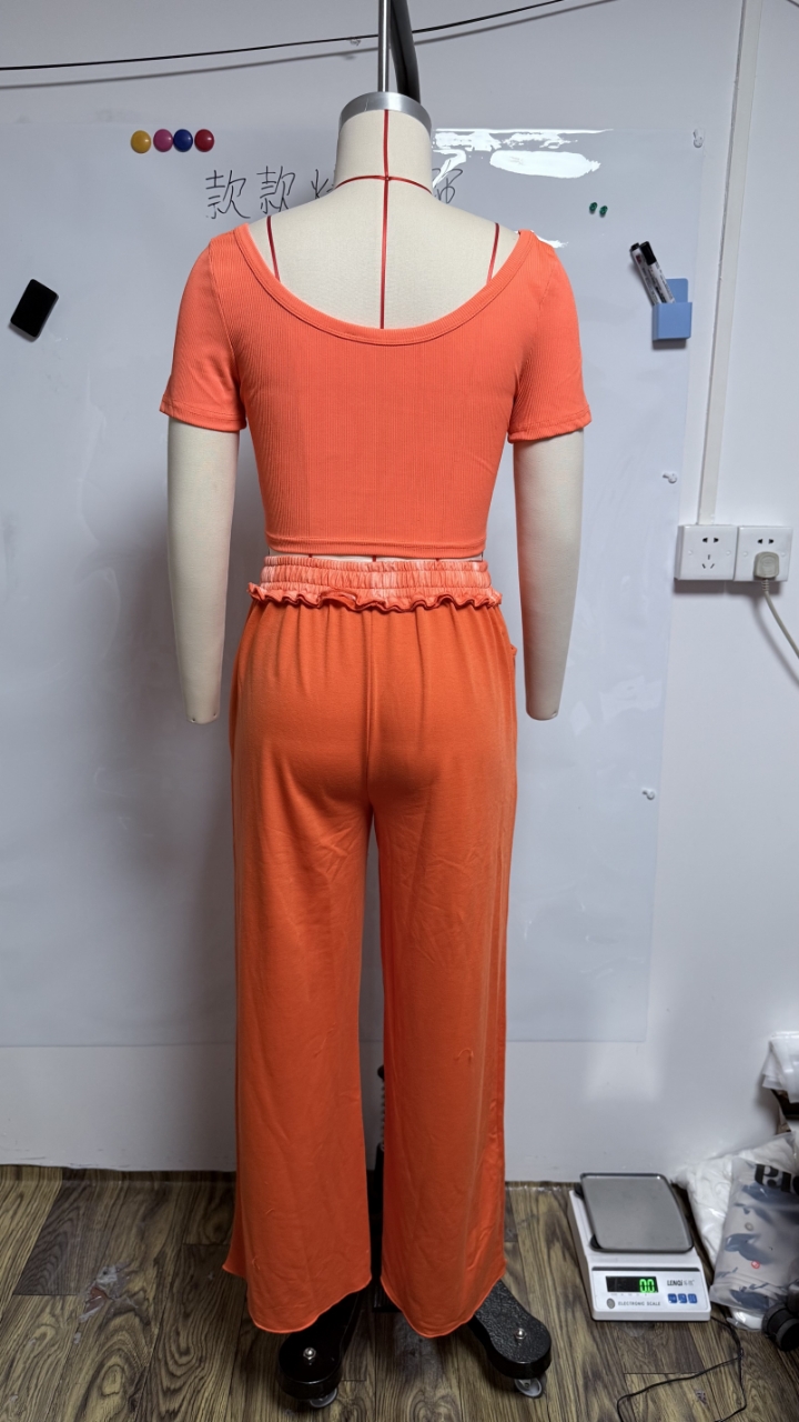 Summer Women's Solid Color Round Neck Short Sleeve Top Casual Pants Set