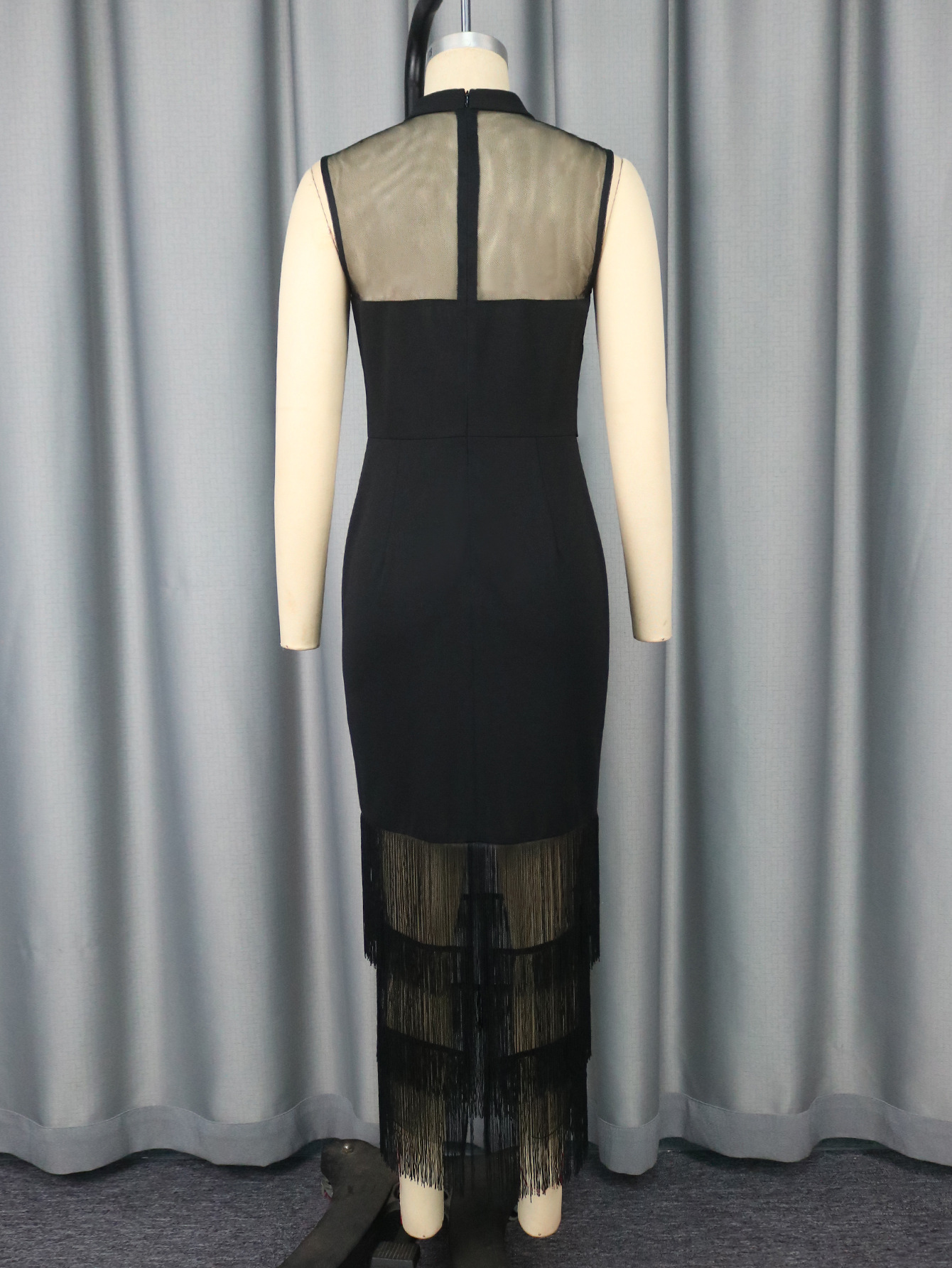 High Neck See-Through Sexy Mesh Patchwork Sleeveless Bodycon Fringe Slim Chic Formal Party Dress