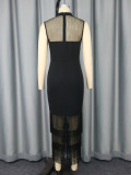High Neck See-Through Sexy Mesh Patchwork Sleeveless Bodycon Fringe Slim Chic Formal Party Dress