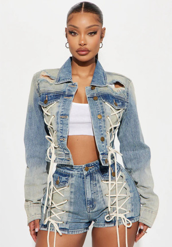 Women Top Jacket and Drawstring Shorts Two-Piece Set