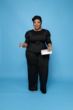 Plus-Size Women Solid Long-Sleeved Top and Pant Two-Piece Set
