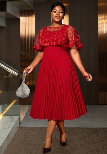 Plus-Size Women Red Patchwork Mesh Bow Shawl Pleated Dress