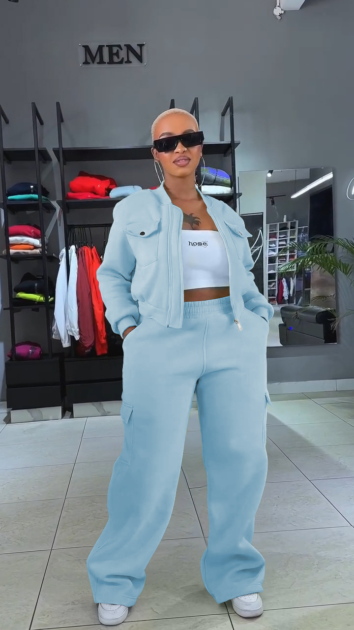 Women Fall/Winter Sports Casual Pocket Top and Pant Two-Piece Set