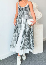 Women Halter V-Neck Casual Print Plaid Slit Mock Two-Piece Dress