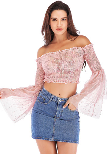 Women's Spring & Summer Off-The-Shoulder Bell Sleeve Sheer Lace Ruched Sexy Crop T-Shirt
