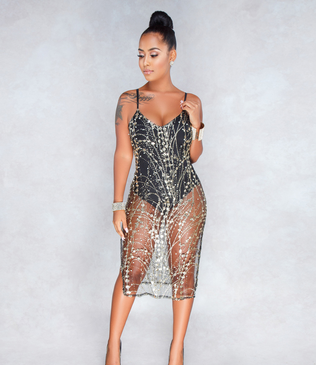 Women's Strap Sheer Sequin Mesh Sexy High-Slit Backless Dress