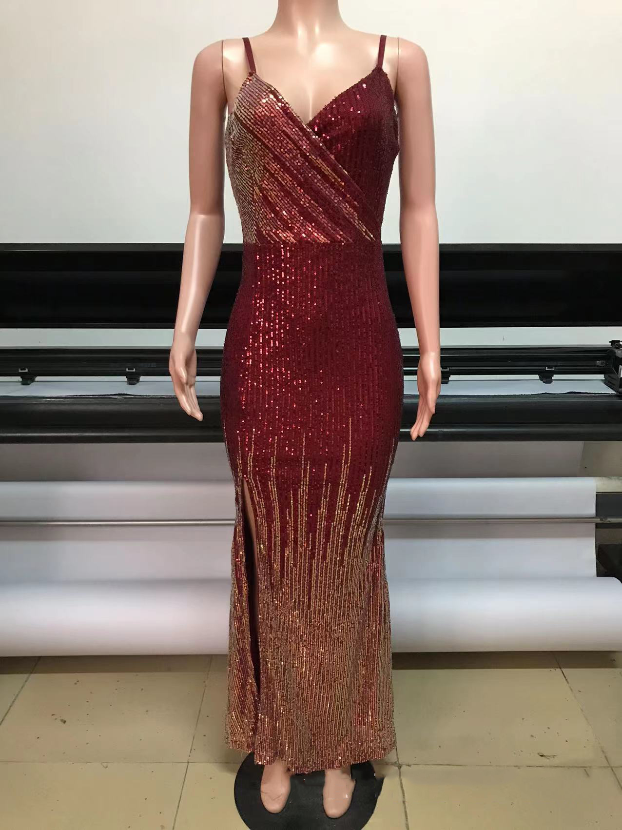 Women Gradient Sequined Strapless Sexy Backless Slit Dress