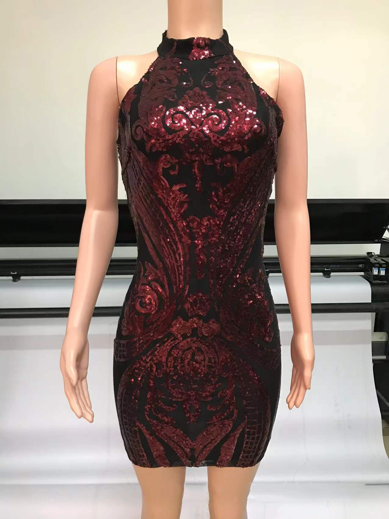 Women See-Through Mesh Sequined Patchwork Sexy Sleeveless Bodycon Dress