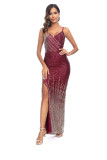 Women Gradient Sequined Strapless Sexy Backless Slit Dress