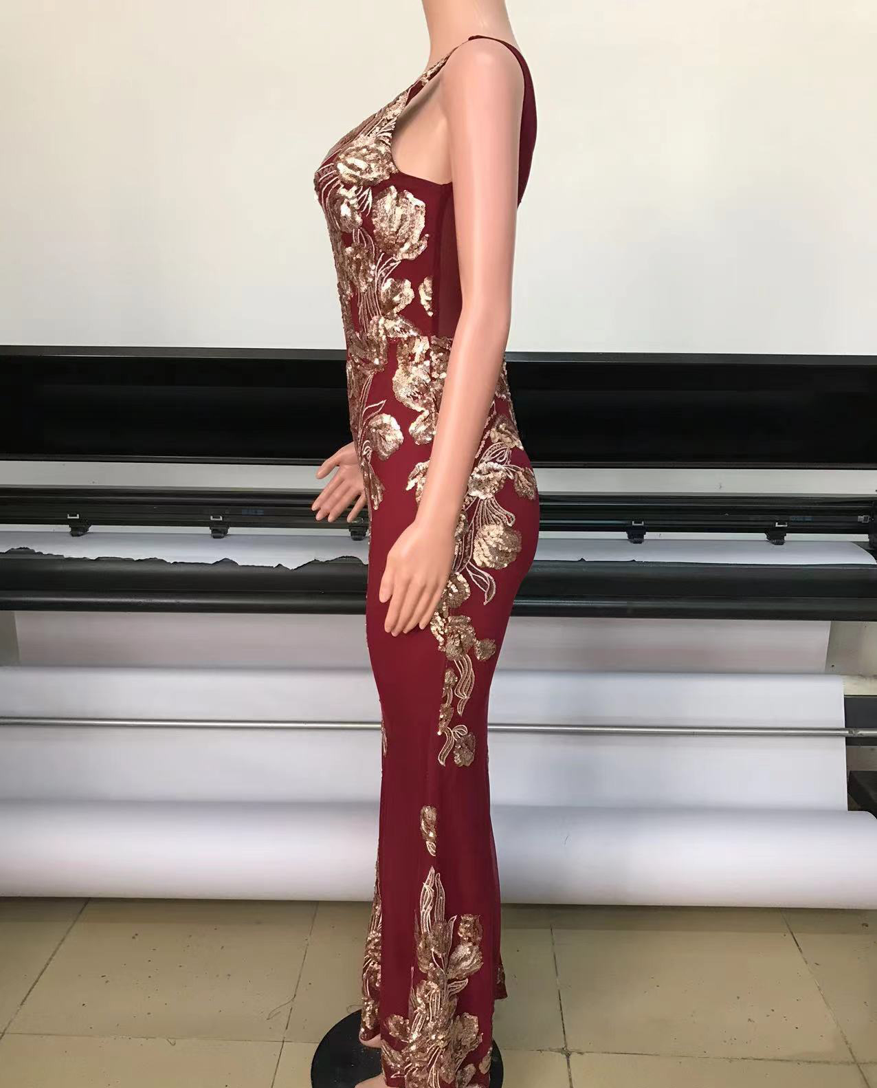 Women Sexy See-Through Sequined Net Patchwork Sleeveless V-Neck Sexy Dress