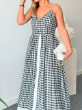 Women Halter V-Neck Casual Print Plaid Slit Mock Two-Piece Dress