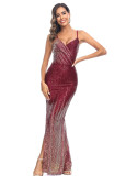 Women Gradient Sequined Strapless Sexy Backless Slit Dress