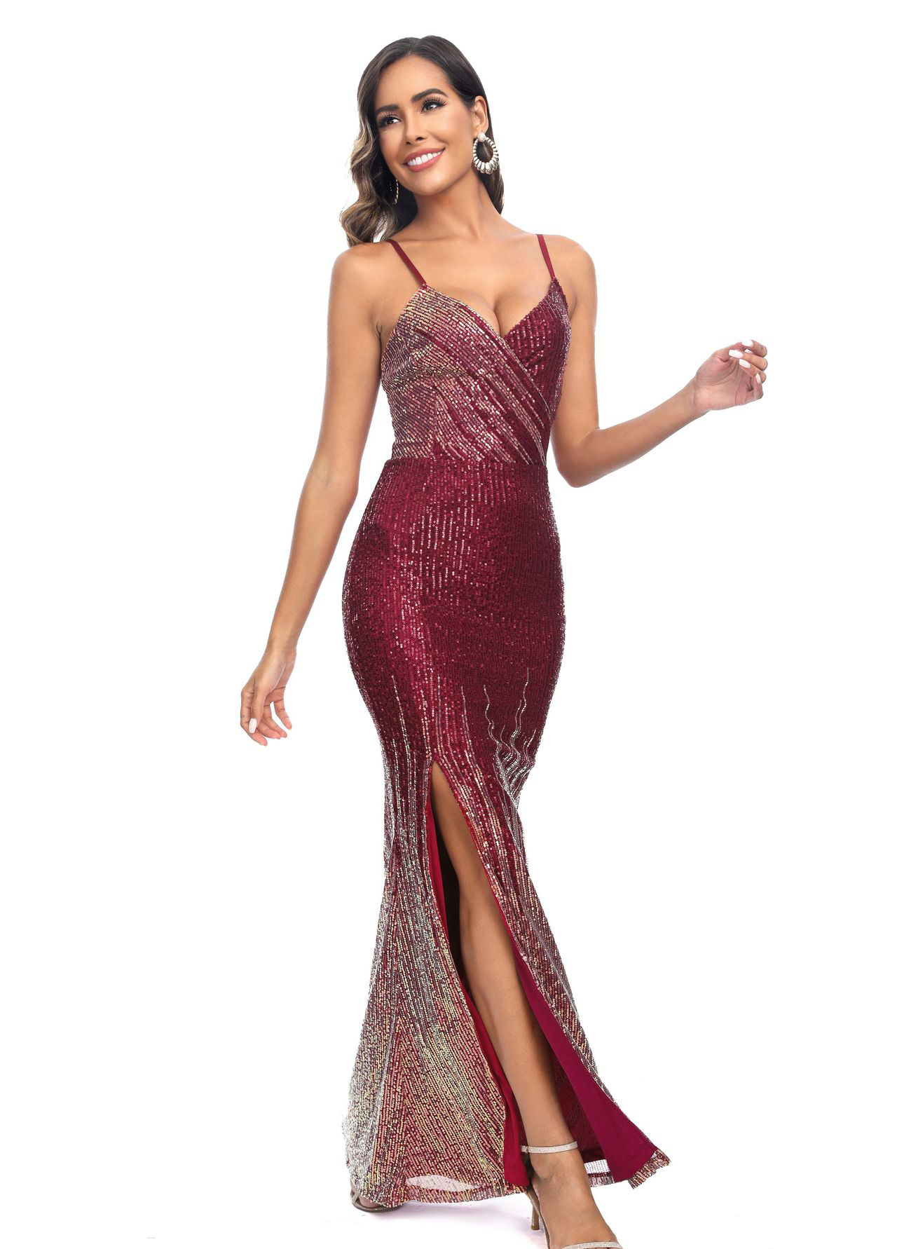 Women Gradient Sequined Strapless Sexy Backless Slit Dress