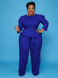 Plus-Size Women Solid Long-Sleeved Top and Pant Two-Piece Set