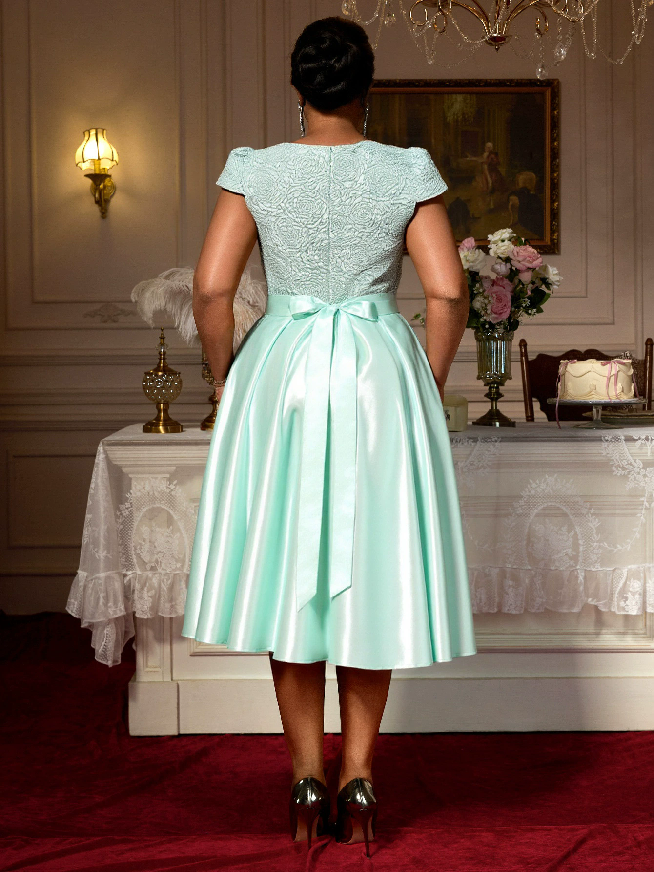 Summer Round Neck Rose Jacquard Bridesmaid Dress Bow Lace-Up Elegant Party Gown