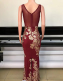 Women Sexy See-Through Sequined Net Patchwork Sleeveless V-Neck Sexy Dress