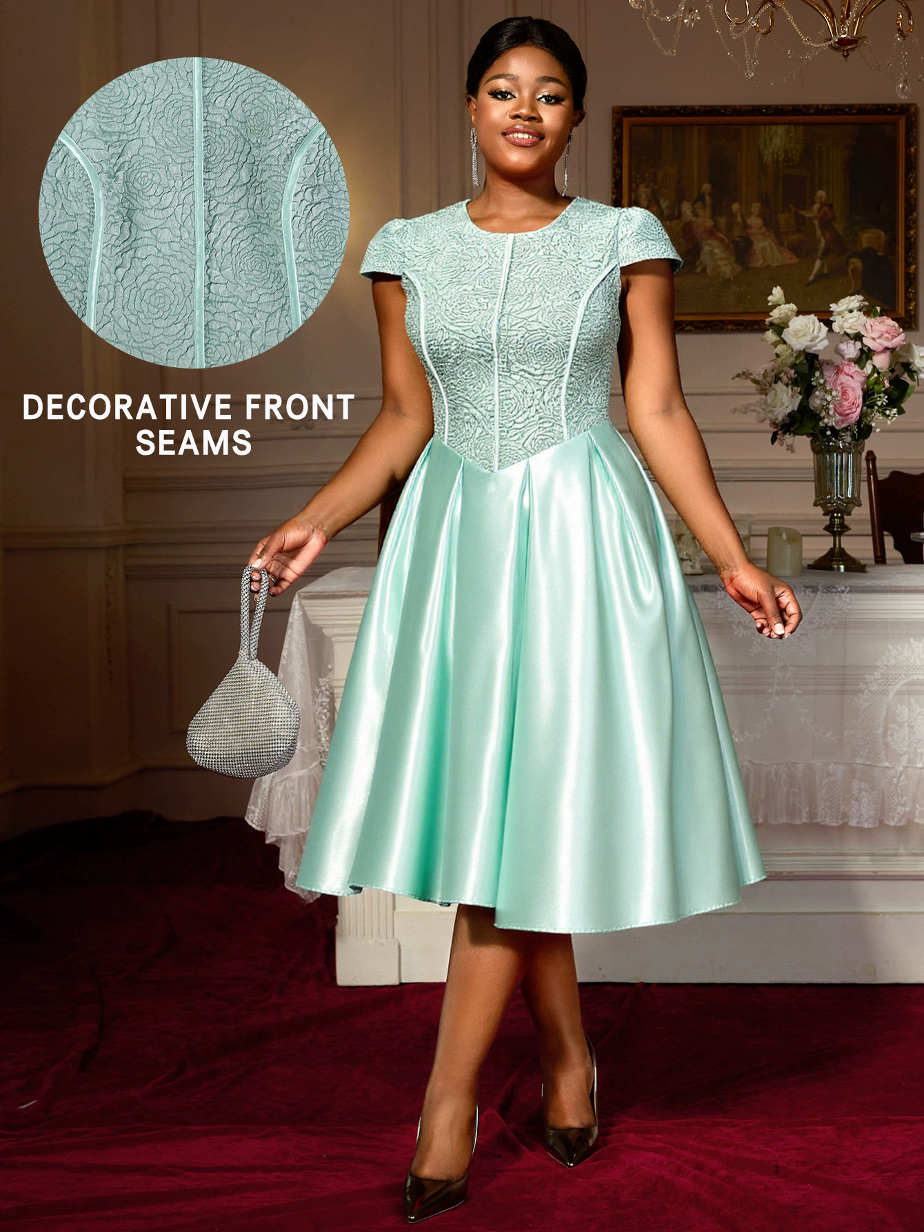 Summer Round Neck Rose Jacquard Bridesmaid Dress Bow Lace-Up Elegant Party Gown