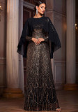 Women Long-Sleeved Round Neck Formal Party Sequined Evening Dress with Cape