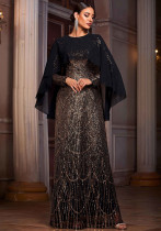 Women Long-Sleeved Round Neck Formal Party Sequined Evening Dress with Cape