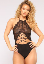 Women's Sheer Lace Trim Tie Waist Backless Sexy Bodysuit Women's Sheer Lace Trim Tie Waist Backless Sexy Bodysuit