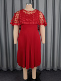Plus-Size Women Red Patchwork Mesh Bow Shawl Pleated Dress