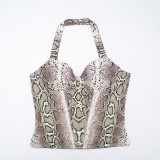 Women Fall Snake Print Halter Neck Sleeveless Top and Pants Two-Piece Set