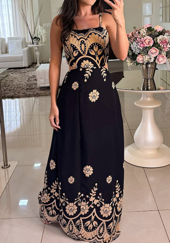 Women Elegant Spaghetti Strap Print Dress