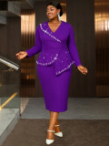 Plus-Size Women Purple V-Neck Long-Sleeve Ruffled Rhinestone Elegant Dress