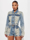 Women Top Jacket and Drawstring Shorts Two-Piece Set