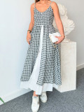 Women Halter V-Neck Casual Print Plaid Slit Mock Two-Piece Dress