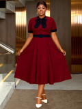Plus-Size Women Burgundy Lace-Up Bow Short-Sleeve Contrast Color Dress
