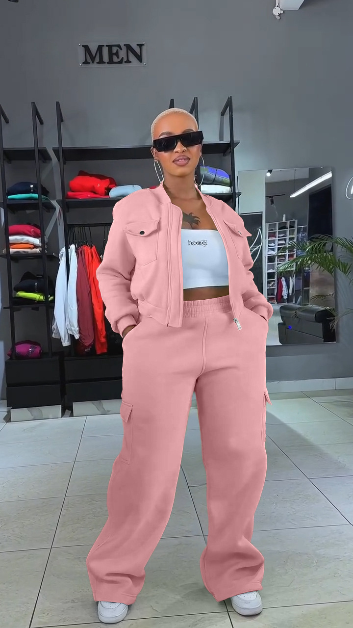 Women Fall/Winter Sports Casual Pocket Top and Pant Two-Piece Set