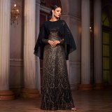 Women Long-Sleeved Round Neck Formal Party Sequined Evening Dress with Cape