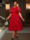 Plus-Size Women Red Patchwork Mesh Bow Shawl Pleated Dress