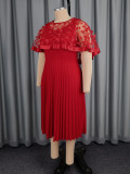 Plus-Size Women Red Patchwork Mesh Bow Shawl Pleated Dress
